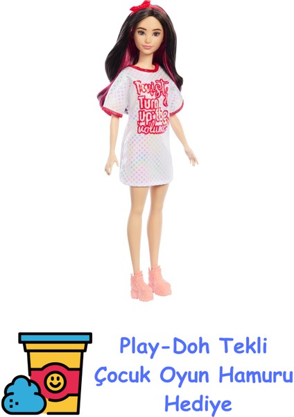 Büyüleyici Parti Bebekleri (Fashionistas) - Beyaz Tişört Elbiseli Bebek, Oyuncak + Play-Doh Oyun Hamuru