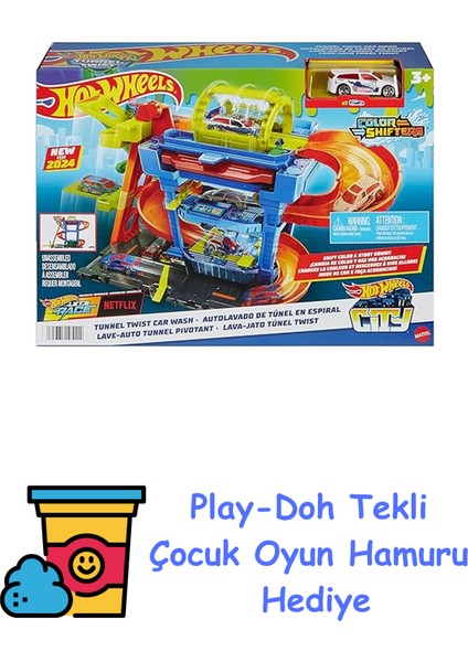 Oto Yıkama Oyun Seti Hot Wheels Oto Yıkama Oyun Seti ve 1:64 Ölçekli Renk Değiştiren Araç HTN80 + Play-Doh Oyun Hamuru