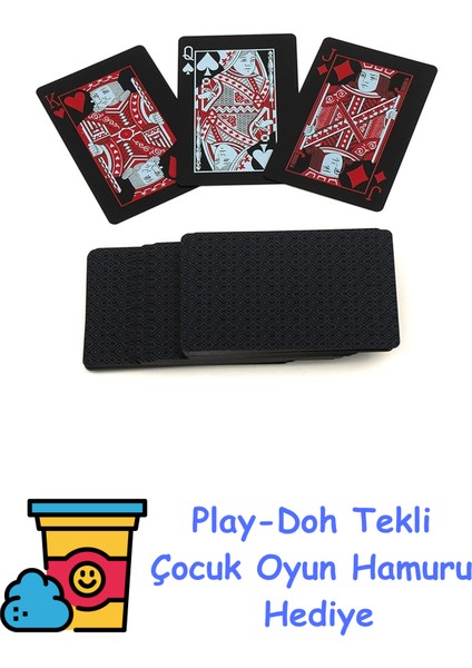 Iskambil Kağıdı Destesi Oyun Kartları Su Geçirmez Pvc Parlak Siyah Deste 8,7cm x 5,7cm 54'lü (Kırmızı) + Play-Doh Oyun Hamuru