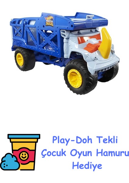 Monster Trucks Rhino Taşıyıcı Kamyon, 12 Adet 1:64 Ölçekli Monster Trucks Veya 32 Adet Hot Wheels Araç Taşır, Fırlatma Için Rampası Bulunur, 3 Yaş ve Üzeri + Play-Doh Oyun Hamuru