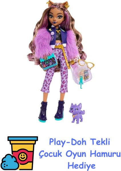 Evcil Köpeği ​crescent ile Sırt Çantası, Ajanda ve Atıştırmalıklar Gibi Aksesuarlarıyla Clawdeen Wolf Bebek, HRP65 + Play-Doh Oyun Hamuru