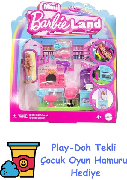 Mini Barbieland Koleksiyona Uygun Oyun Seti, 4 Cm'lik Bebek, Aynalı Kuaför Tezgahı, Şampuan Bölümü ve Hikaye Anlatımına Yönelik Karşılama Masası ile Kuaför Salo + Play-Doh Oyun Hamuru