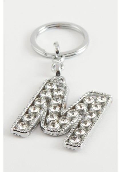 Techmrt Gümüş Renkli Taşlı Harf Anahtarlık-M