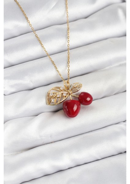 Bfs 316L Çelik Zincir Yapraklı Kiraz Model Gold Renk Kadın Kolye