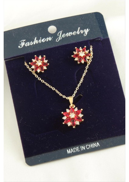 Techmrt Çiçek Zirkon Taşlı Set Kolye-Kırmızı