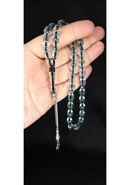 Sürmeli Uçak Camı Tesbih Turkuaz-Şeffaf Renkli Beyzi Kesim T-354