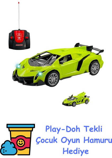 Oyuncak Uzaktan Kumandalı Şarjlı Kapıları ve Bagajı Açılan 24 cm Drift Spor Arabası Işıklı 1:18 Ölçek (Yeşil) + Play-Doh Oyun Hamuru