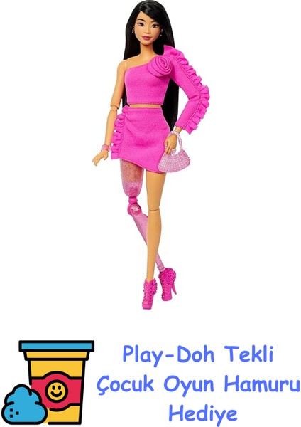 Barbıe Stil Ikonu™ Bebek - Işıltılı Protez Bacaklı Klasik Barbie Tarzındaki Pembe Bluz ve Etek Takımıyla Protez Bacaklı ve Siyah Saçlı Barbie Stil Ikonu Bebek (2) Hyv2 + Play-Doh Oyun Hamuru