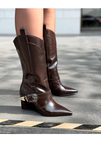 Bonvir Kadın Kovboy Çizme Acıkahve Parlak Deri