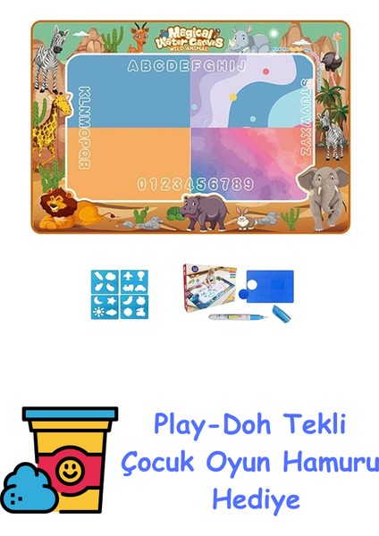 Sihirli Boyama Halısı, Hayvanlar Temalı,su Ile Boya 10 Dakika Sonra Tertemiz, Renkli Resim Boyama Kitabı Hediyeli, Geometrik Baskı ve Çizim Karoları Hediye, Su Kalemi + Play-Doh Oyun Hamuru