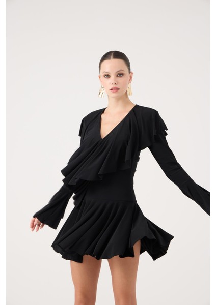 Fırfırlı Mini Yolanthe Elbise Siyah fırsatları