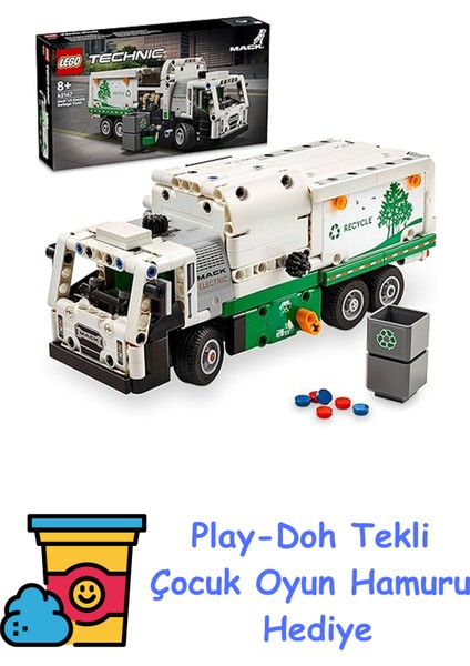 Technic Mack Lr Electric Çöp Kamyonu 42167-8 Yaş ve Üzeri Çocuklar Için Geri Dönüşüm Temalı Koleksiyonluk Yaratıcı Oyuncak Model Yapım Seti, Doğum Günü Hediyesi F + Play-Doh Oyun Hamuru