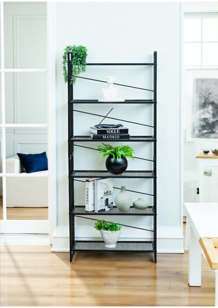 Dekoratif Siyah Metal Kitaplık 6 Raflı Çok Amaçlı Stand Salon ve Çalışma Odası Düzenleyici