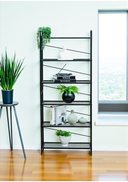 Dekoratif Siyah Metal Kitaplık 6 Raflı Çok Amaçlı Stand Salon ve Çalışma Odası Düzenleyici