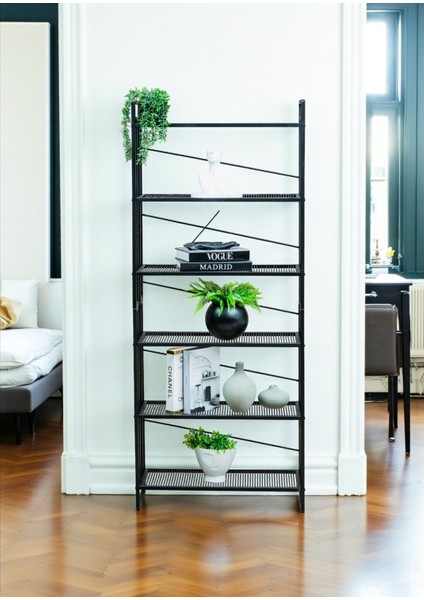 Dekoratif Siyah Metal Kitaplık 6 Raflı Çok Amaçlı Stand Salon ve Çalışma Odası Düzenleyici