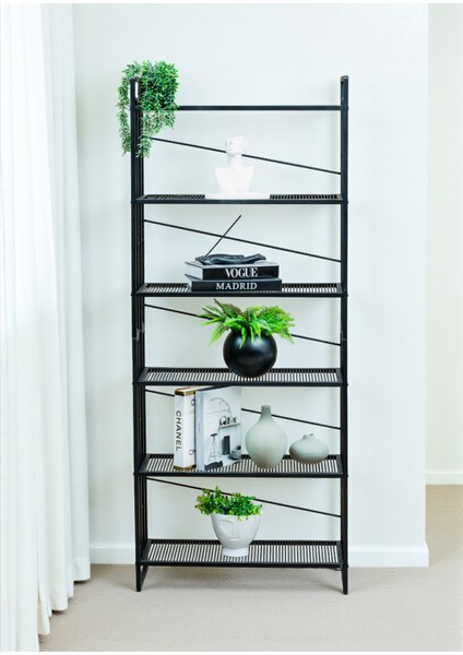 Dekoratif Siyah Metal Kitaplık 6 Raflı Çok Amaçlı Stand Salon ve Çalışma Odası Düzenleyici
