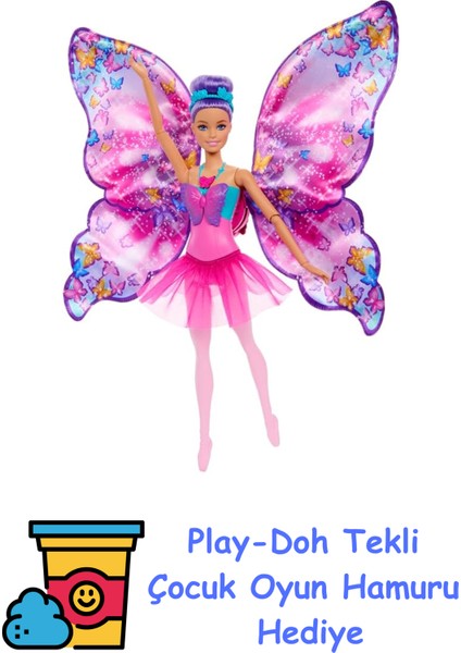 Kelebek Dansçı Bebek, Kanatlarını Açarak Kelebeğe Dönüşen 2'si 1 Arada Mor Saçlı Barbie Kelebek Dansçı Bebek, Saç Aksesuarı, Çıkarılabilen Tütü, HXJ10 + Play-Doh Oyun Hamuru