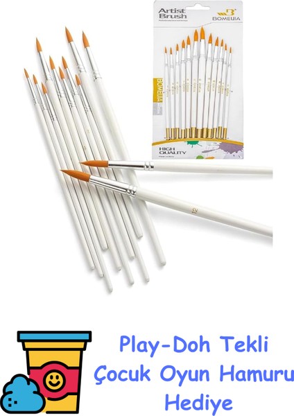 Resim Fırçası 12 Parça Sanat Akrilik Suluboya Yağlıboya Fırça Seti + Play-Doh Oyun Hamuru