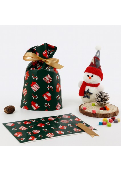 15X23 cm 5’li Kendinden Kurdeleli Yılbaşı Hediye Poşeti – Yeşil Desenli Paket Seti