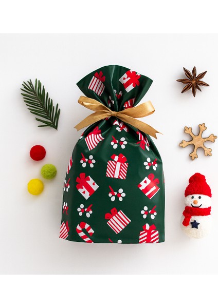15X23 cm 5’li Kendinden Kurdeleli Yılbaşı Hediye Poşeti – Yeşil Desenli Paket Seti fiyatları