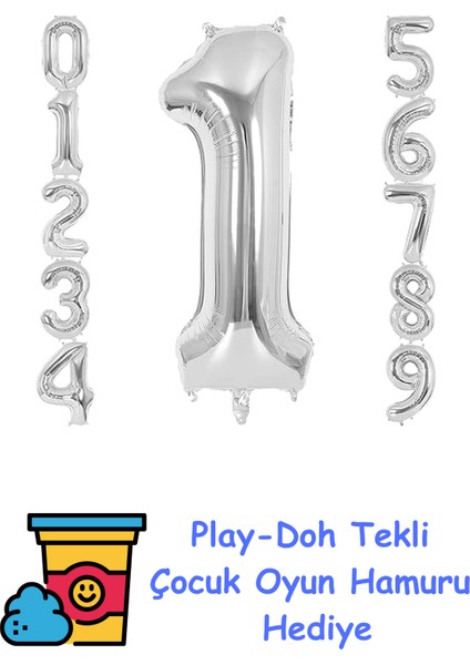 1 Rakamı Doğum Günü Balonu Yaş Günü Gümüş Renk Uçan Balon 102 cm Doğum Günü ve Parti Dekorasyonu Büyük Boy Folyo Helyum Uçan Balon Yaş 1 Sayısı + Play-Doh Oyun Hamuru