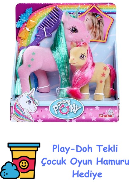 , 104342647, Küçük Tek Boynuzlu At ve Ailesi, 2 Tek Boynuzlu At, Floklu Tasarım, Aksesuarlı Y:10-14CM + Play-Doh Oyun Hamuru