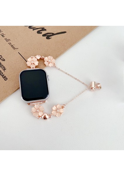 Apple Watch Seri 2 3 4 5 6 7 8 10 Se Ultra Uyumlu 42 44 45 46 49MM Uyumlu Taşlı Çiçek ve Kalp Detaylı Çelik Kordon