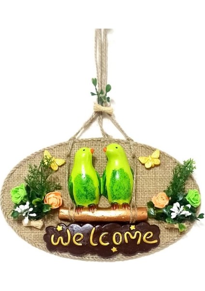 Yeşil Kuşlu Welcome Yazılı El Yapımı Kapı Süsü