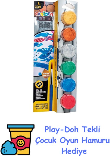Metalik Tempera Suluboya Süper Yıkanabilir Fırçalı 6 * 25 ml 6 Renk Karışık + Play-Doh Oyun Hamuru