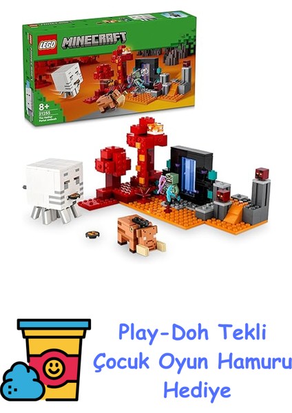 Minecraft Nether Geçidi Pususu 21255-8 Yaş ve Üzeri Macera Oyunları Seven Çocuklar Için Yaratıcı Oyuncak Yapım Seti (352 Parça) + Play-Doh Oyun Hamuru