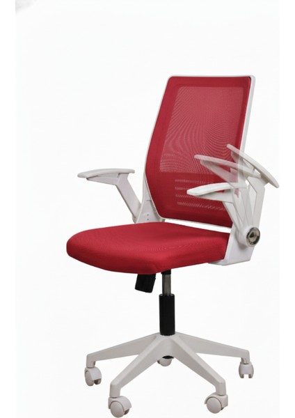Katlanır Kollu Çalışma Sandalyesi Montajlı | Ofis ve Bilgisayar Koltuğu | Beyaz Kol Kırmızı Kumaş
