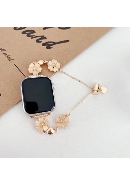 Apple Watch 10 11 42MM Uyumlu Taşlı Çiçek ve Kalp Detaylı Çelik Kordon