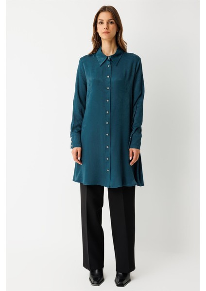 Kendinden Desenli Tunik Petrol