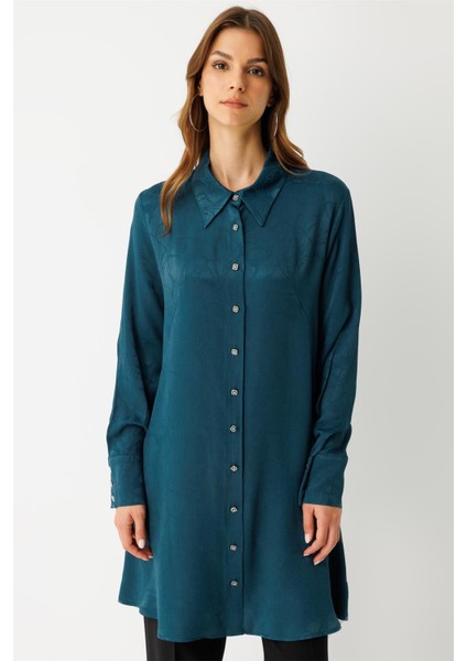 Kendinden Desenli Tunik Petrol modelleri