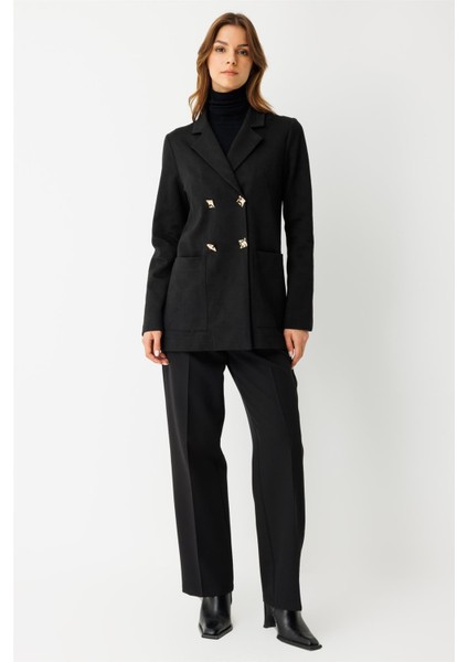 Kendinden Desenli Iri Düğmeli Ceket Siyah modelleri