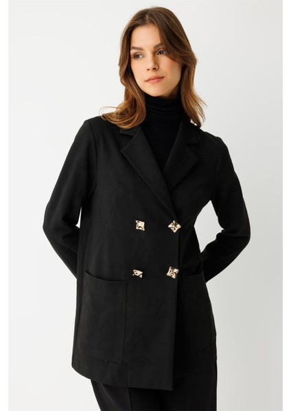 Kendinden Desenli Iri Düğmeli Ceket Siyah fırsatları