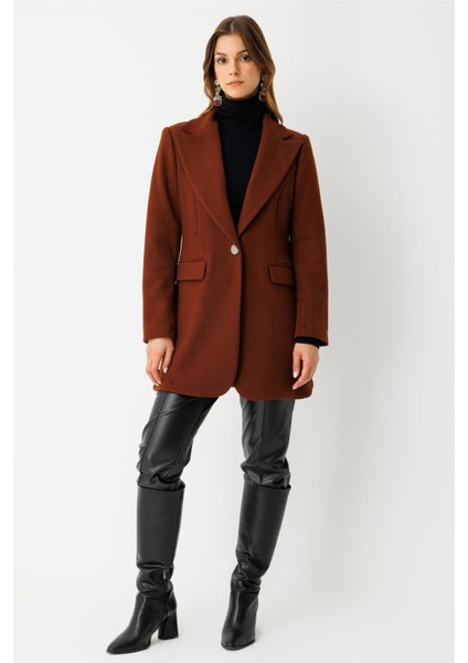 Tek Düğmeli Yün Içerikli Keçe Ceket Kiremit