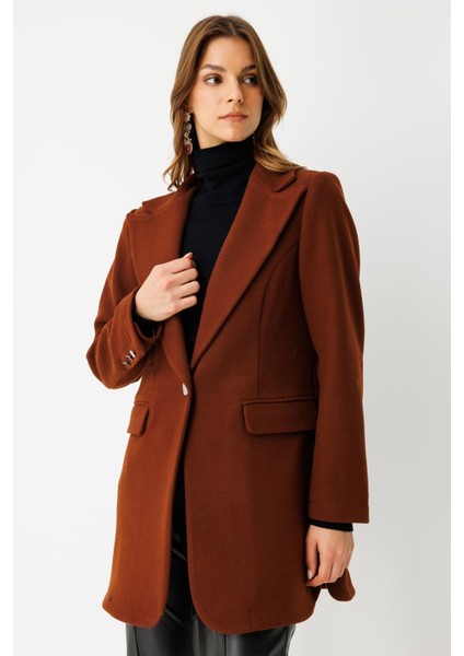 Tek Düğmeli Yün Içerikli Keçe Ceket Kiremit modelleri