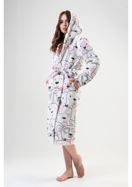 Kadın Kapüşonlu Welsoft Beyaz Renk Kuşaklı Cepli Desenli Sabahlık C8T9N0202