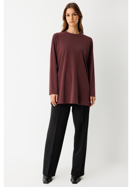 Tencel Kumaş Uzun Kollu Tshirt Bordo