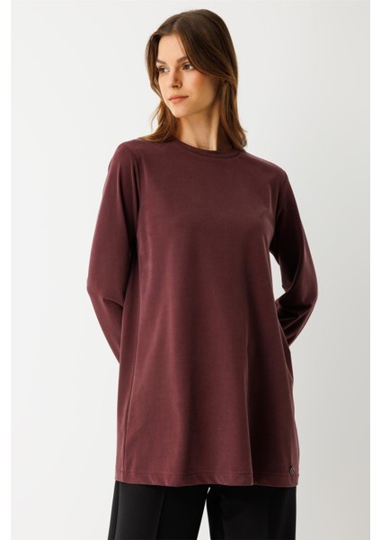 Tencel Kumaş Uzun Kollu Tshirt Bordo modelleri