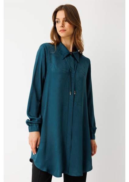 Kendinden Desenli Bağcık Detaylı Tunik Petrol modelleri