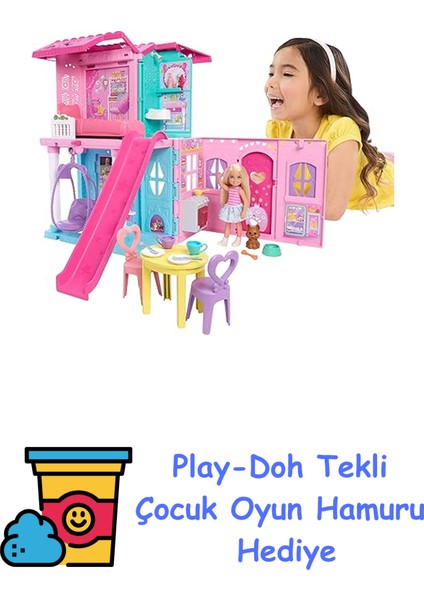 Chelsea Oyuncak Bebek Evi, 15'ten Fazla Aksesuar Içeren +43 x +33 Cm'e Kadar Genişleyebilen Açılır Ev, 5 Oyun Alanı ve Kaydırak, Küçük Bebek ve Köpek Figürü, Jf + Play-Doh Oyun Hamuru