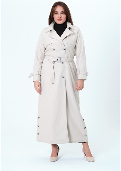 Belur Kadın Büyük Beden Astarlı Tam Boy Ceket Yaka Kaşe Kaban