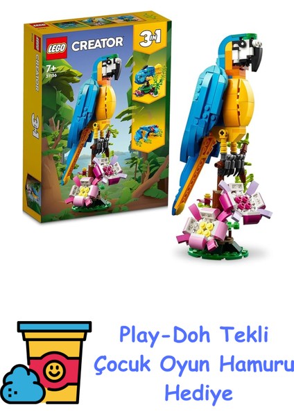 Creator Egzotik Papağan 31136-7 Yaş ve Üzeri Çocuklar Için Papağan, Balık ve Kurbağa Modelleri Içeren Yaratıcı Oyuncak Yapım Seti (253 Parça) + Play-Doh Oyun Hamuru