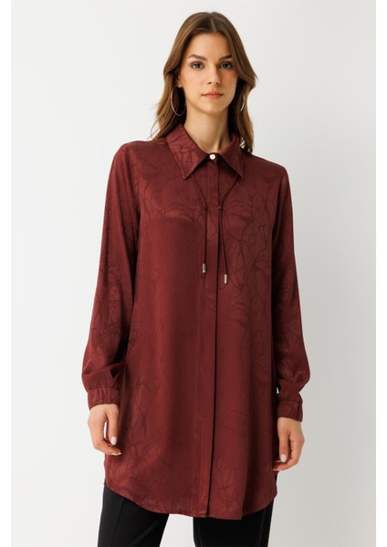 Kendinden Desenli Bağcık Detaylı Tunik Bordo fiyatları