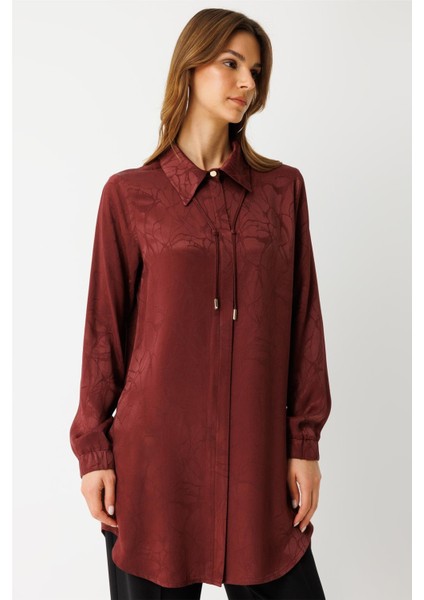 Kendinden Desenli Bağcık Detaylı Tunik Bordo modelleri