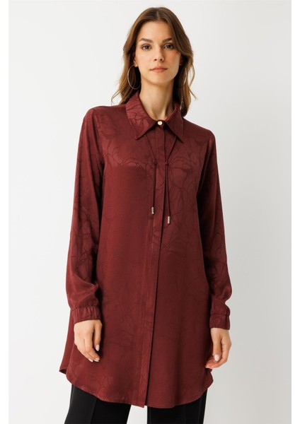 Kendinden Desenli Bağcık Detaylı Tunik Bordo fırsatları
