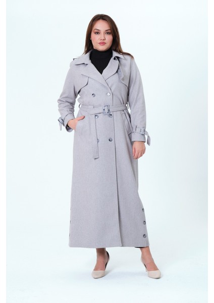 Belur Kadın Büyük Beden Astarlı Tam Boy Ceket Yaka Kaşe Kaban