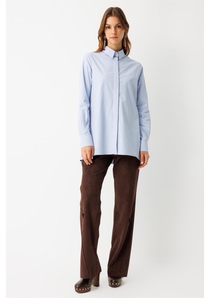 Arkası Dikiş Detaylı Pamuk Gömlek Mavi